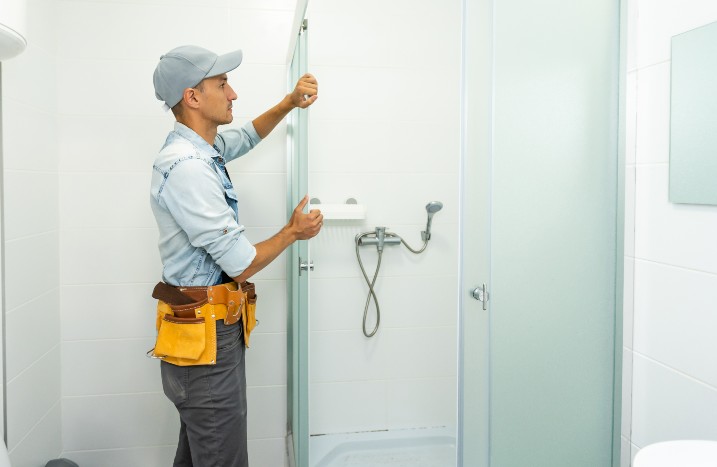Mann montiert Türe in Dusche