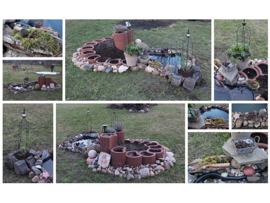 Garten mit Teich und Beeten in verschiedenen Bauphasen