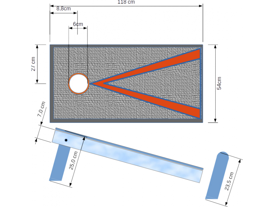 Technische Zeichnung eines Cornhole Spielbretts mit Abwurfplattform