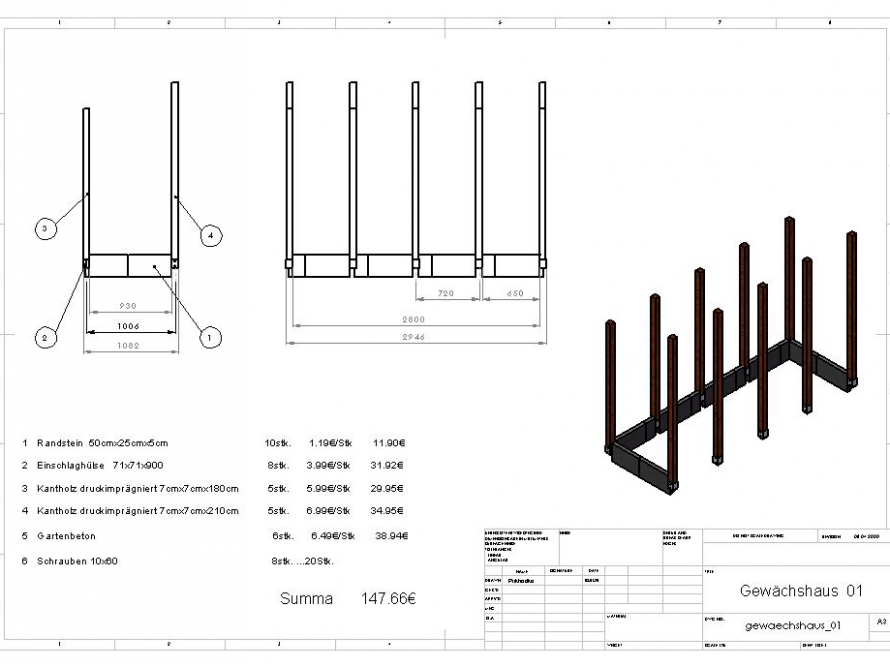 Technische Zeichnung eines Gewächshauses aus Holz