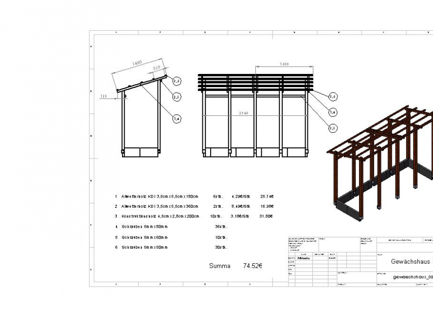 Technische Zeichnung eines Gewächshauses aus Holz