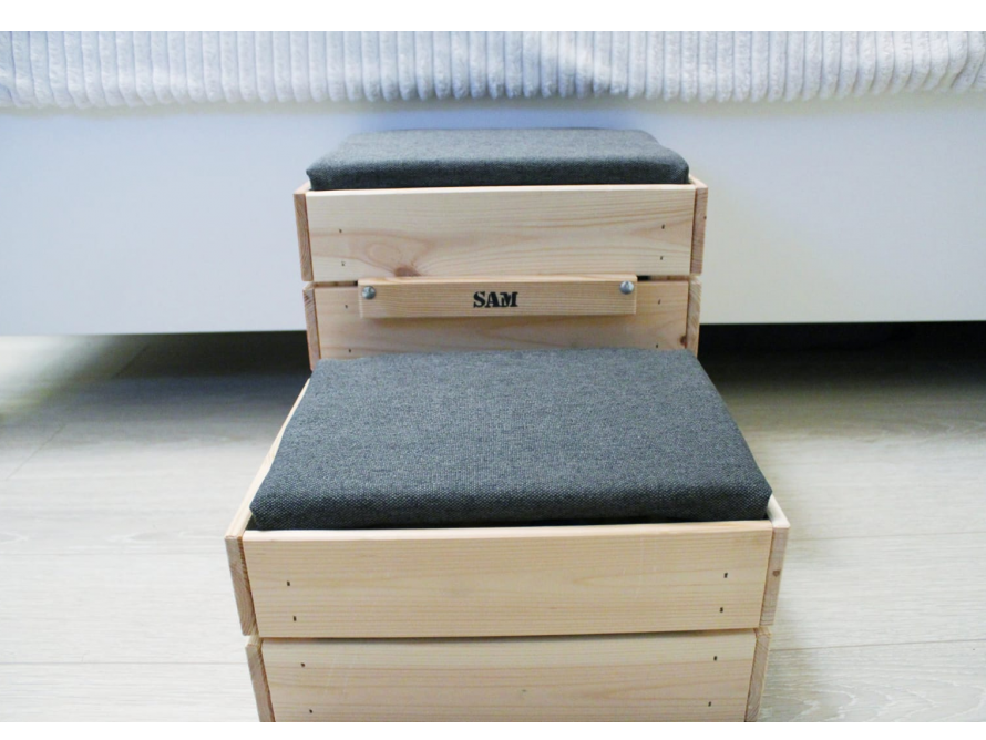 Holzkiste mit Kissen als Hundehilfe