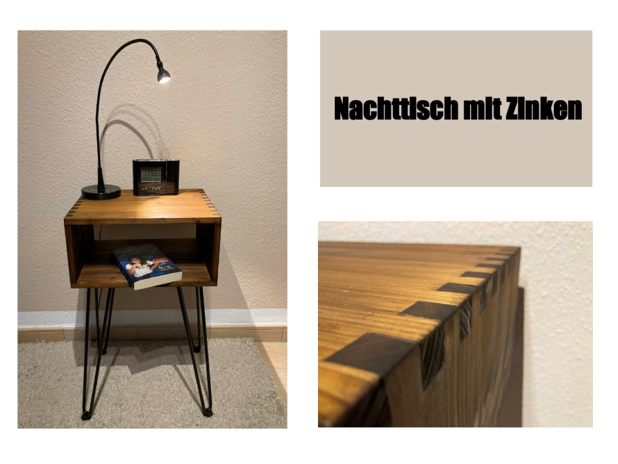 Holz-Nachttisch mit drei Beinen und Zinkenverbindungen