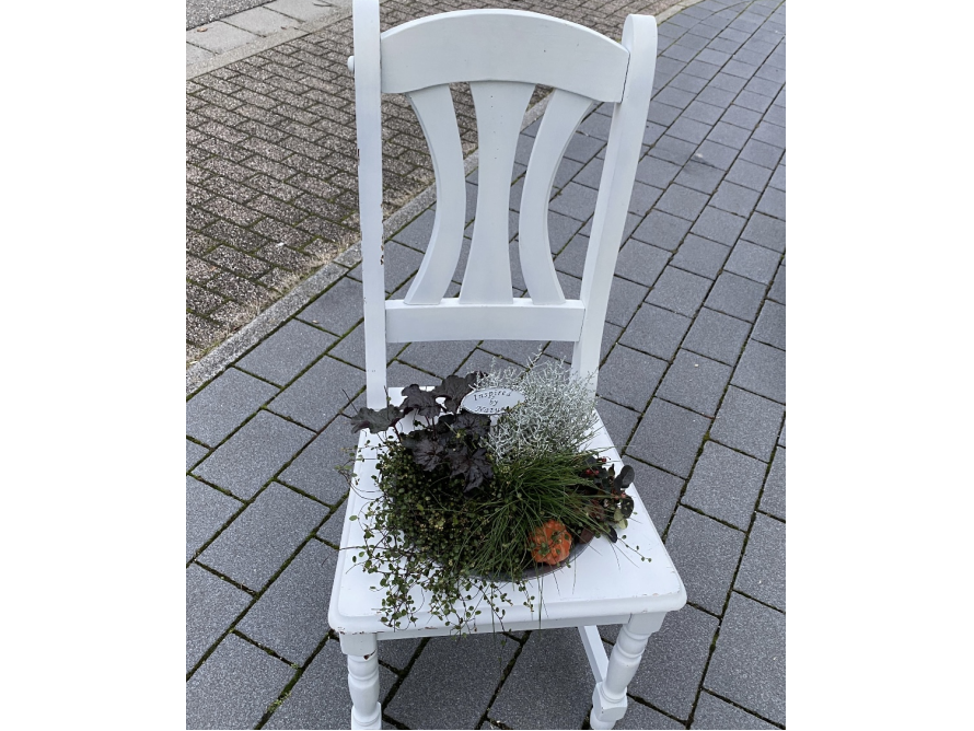 Weißer Stuhl mit Herbstpflanzen