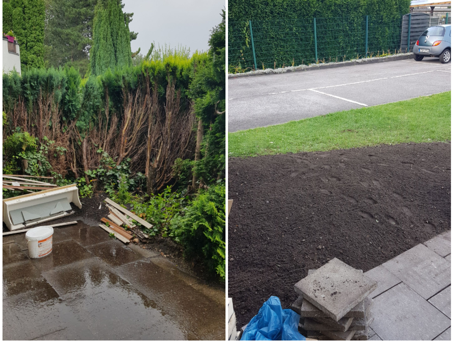 Vorher-Nachher-Bild einer Gartenarbeit