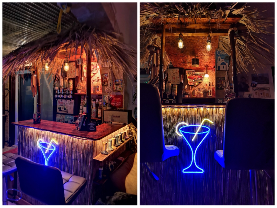 Selbstgebaute Bambusbar mit Neonlicht