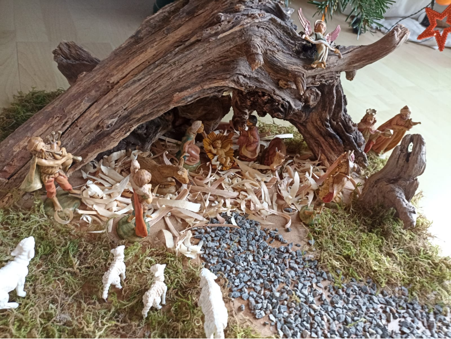 Weihnachtskrippe unter einem Stück Treibholz
