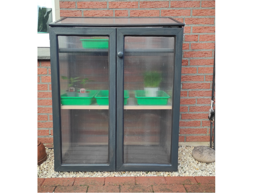 Kleines Gewächshaus mit Anzuchtregalen