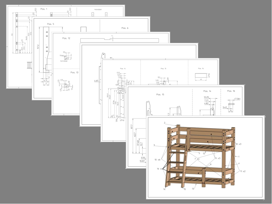 Technische Zeichnung eines Etagenbetts aus Holz