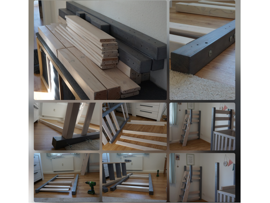 Bettgestell aus Holz wird gebaut, Akkuschrauber liegt daneben