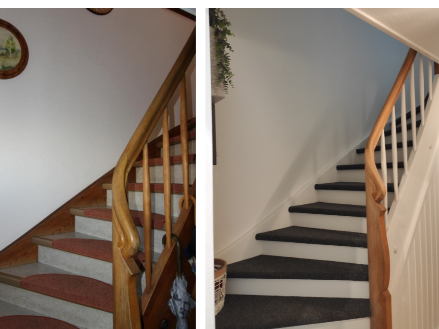 Zwei Ansichten einer Holztreppe mit Teppich.