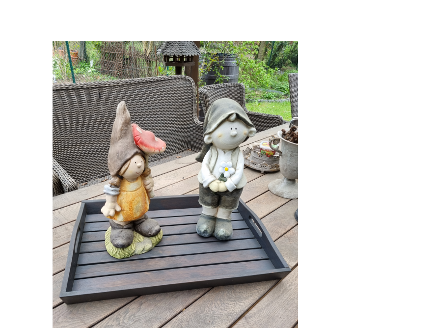 Zwei Gartenzwerge auf einem Tablett