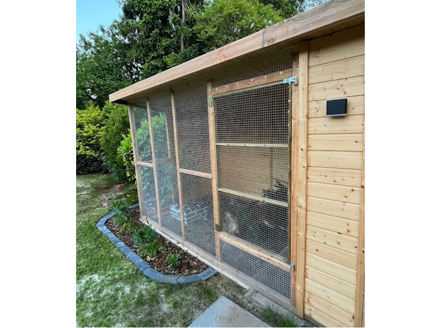 Hühnerstall aus Holz mit Drahtgeflecht