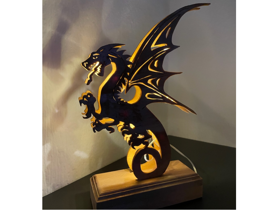 Holzkunst Drachen-Lampe mit Beleuchtung