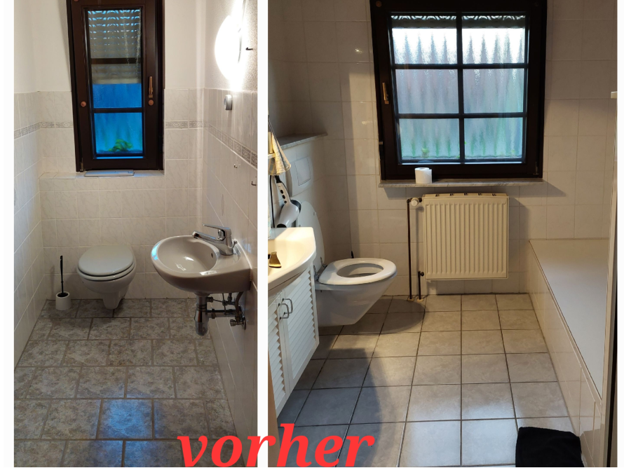 Zwei Fotos eines Badezimmers vor einer Renovierung