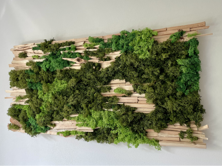Wanddekoration aus Moos und Holz