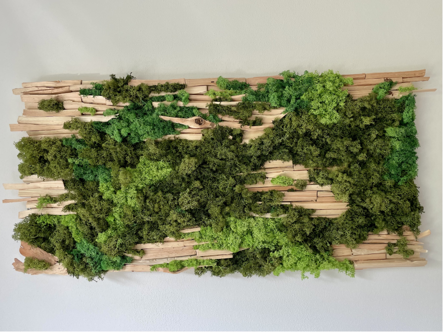 Wanddekoration aus Moos und Holz