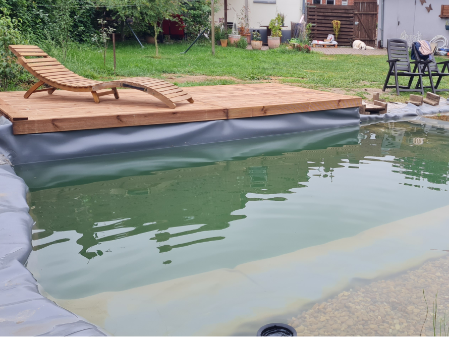 Schwimmteich mit Holzterrasse und Liege