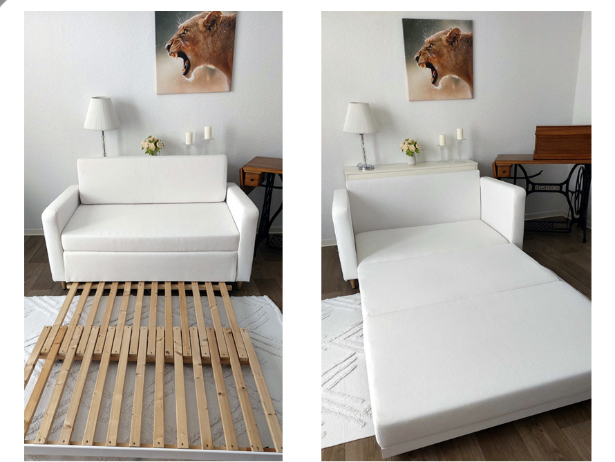 Weißes Schlafsofa, ausgeklappt und eingeklappt