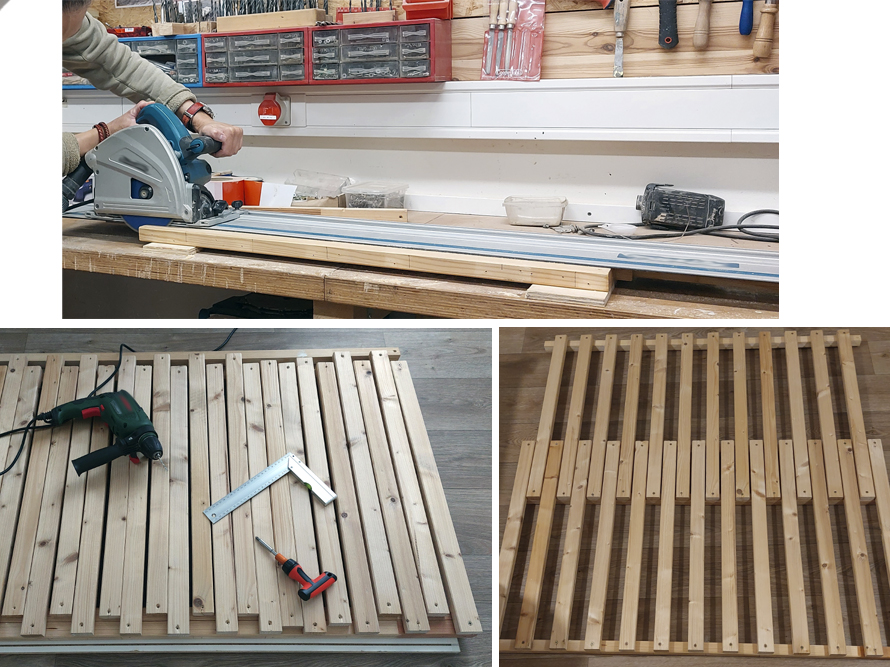 Person baut Holzrahmen mit Säge und Akkuschrauber