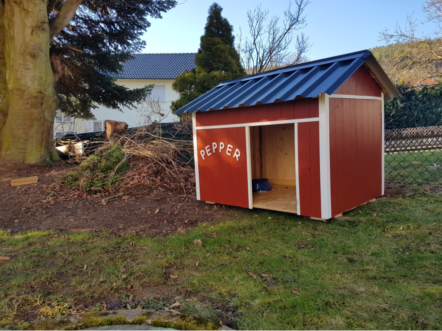 Rote Hundehütte im Garten