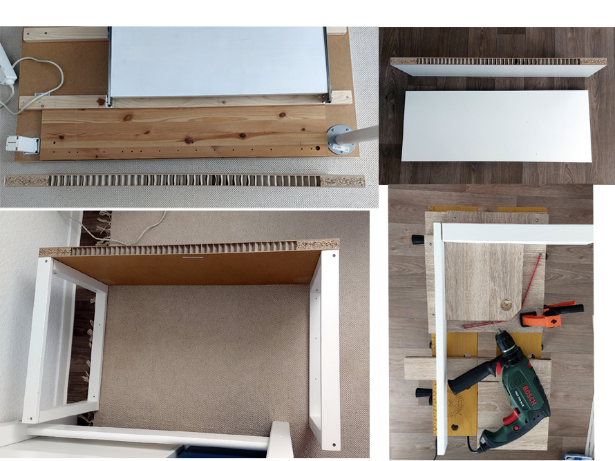 Eine zugesägte Schreibtischplatte mit Wabenstruktur und eine Bohrmaschine.