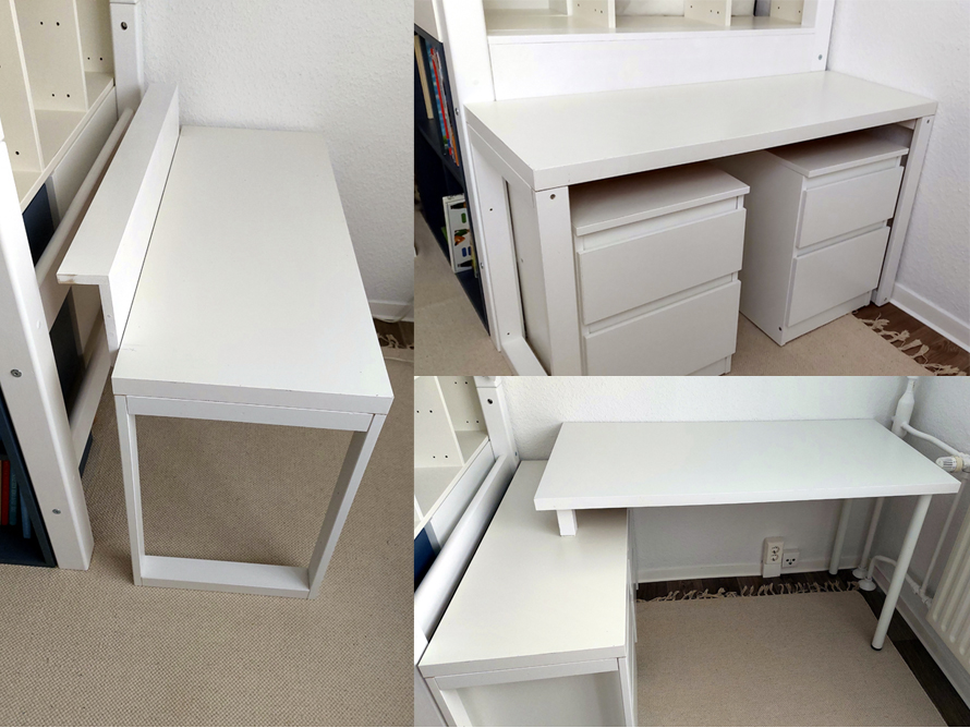 Collage mit verschiedenen Aufbaumöglichkeiten eines weißen Schreibtisches.