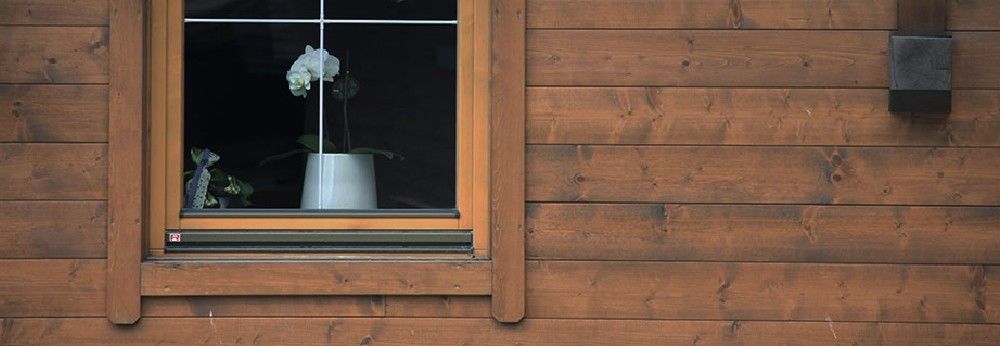 Holzhaus mit einem Fenster indem eine Blume steht