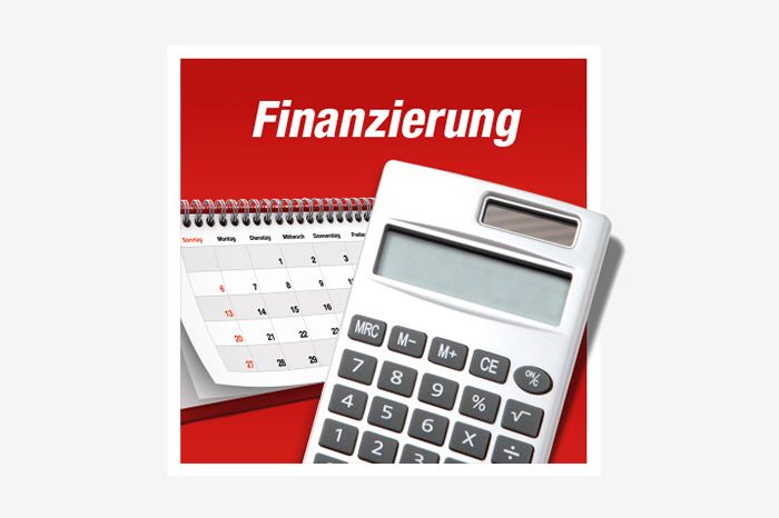 Rotes Bild mit der Aufschrift Finanzierung und einem Taschenrechner 