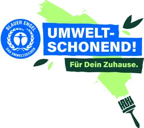 "Umweltschonend! für dein Zuhause."-Slogan mit Logo des Blauen Engel